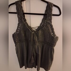 Lucky Brand Crochet Lace-Up Tank Top - Dark Gray